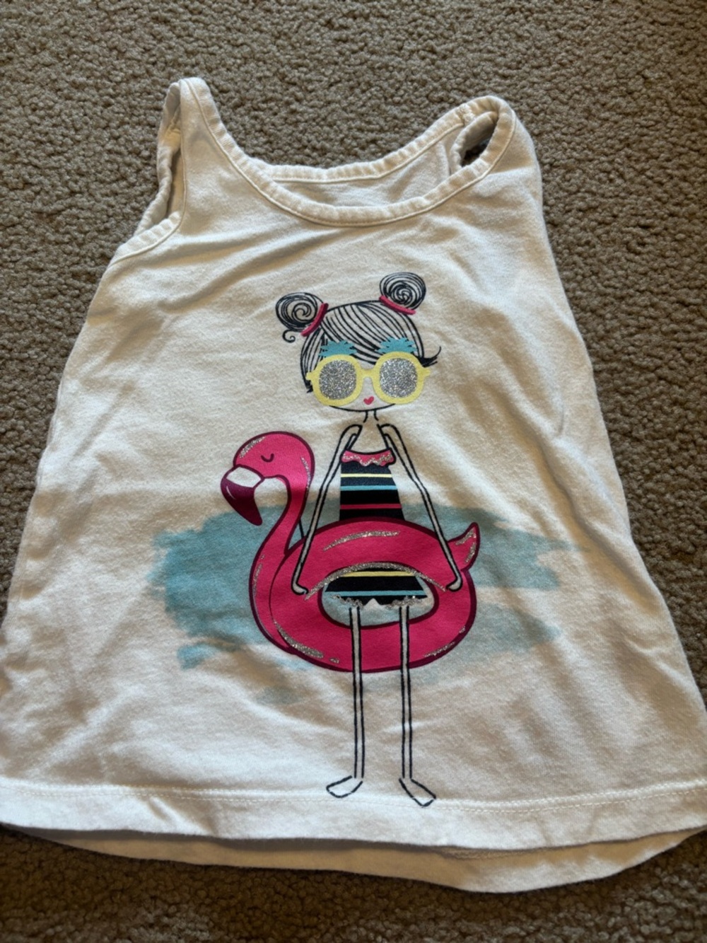 Girls White Tank Top with Pink Flamingo Float Graphic - Gap 3T